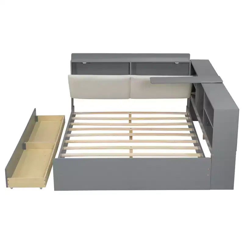 Lit plateforme pleine grandeur avec tête de lit de rangement, étagères et 2 tiroirs, assemblage facile