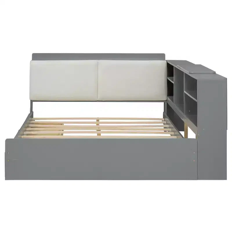 Lit plateforme pleine grandeur avec tête de lit de rangement, étagères et 2 tiroirs, assemblage facile