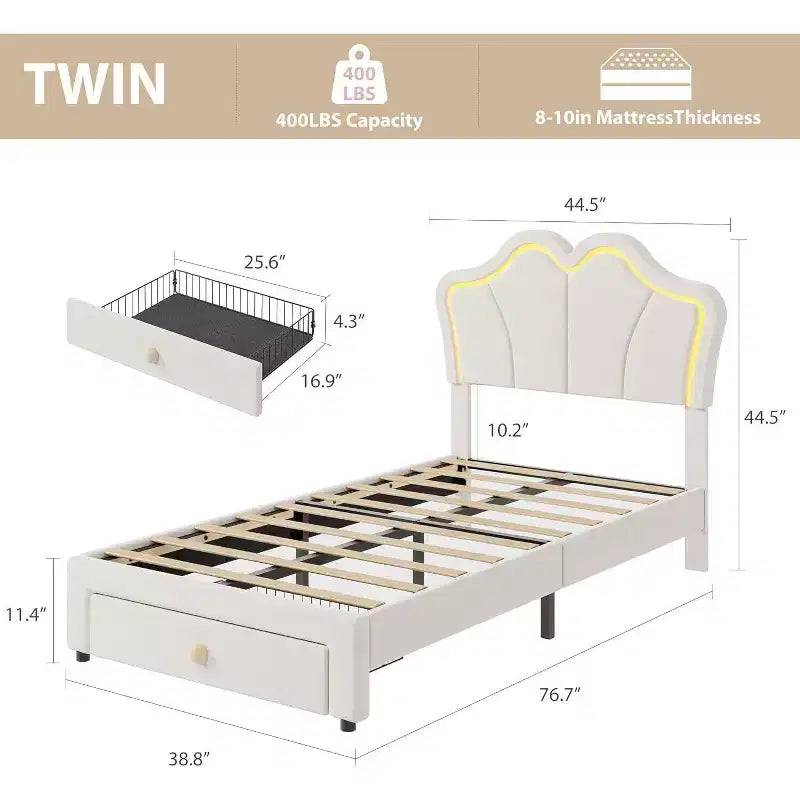 Cadre de lit LED capitonné avec tête de lit mignonne et rangement pour enfants, filles