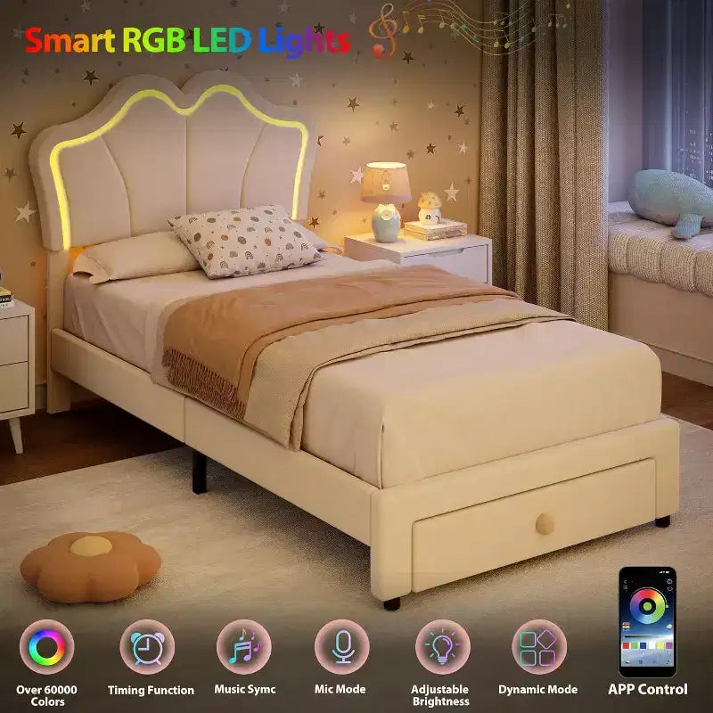 Cadre de lit LED capitonné avec tête de lit mignonne et rangement pour enfants, filles