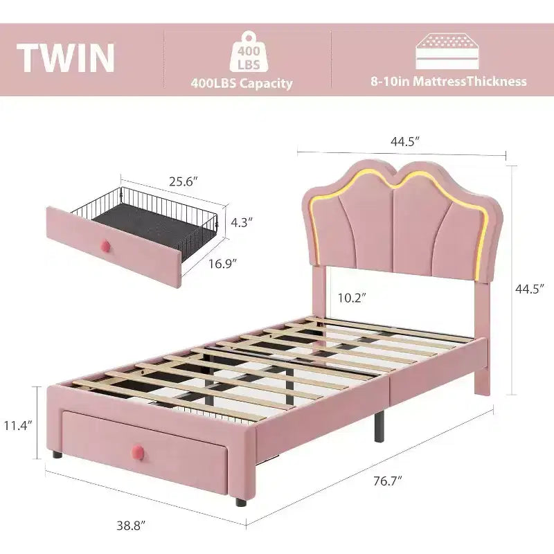 Cadre de lit LED capitonné avec tête de lit mignonne et rangement pour enfants, filles