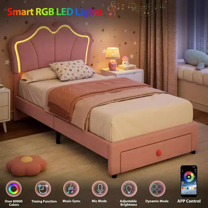Cadre de lit LED capitonné avec tête de lit mignonne et rangement pour enfants, filles