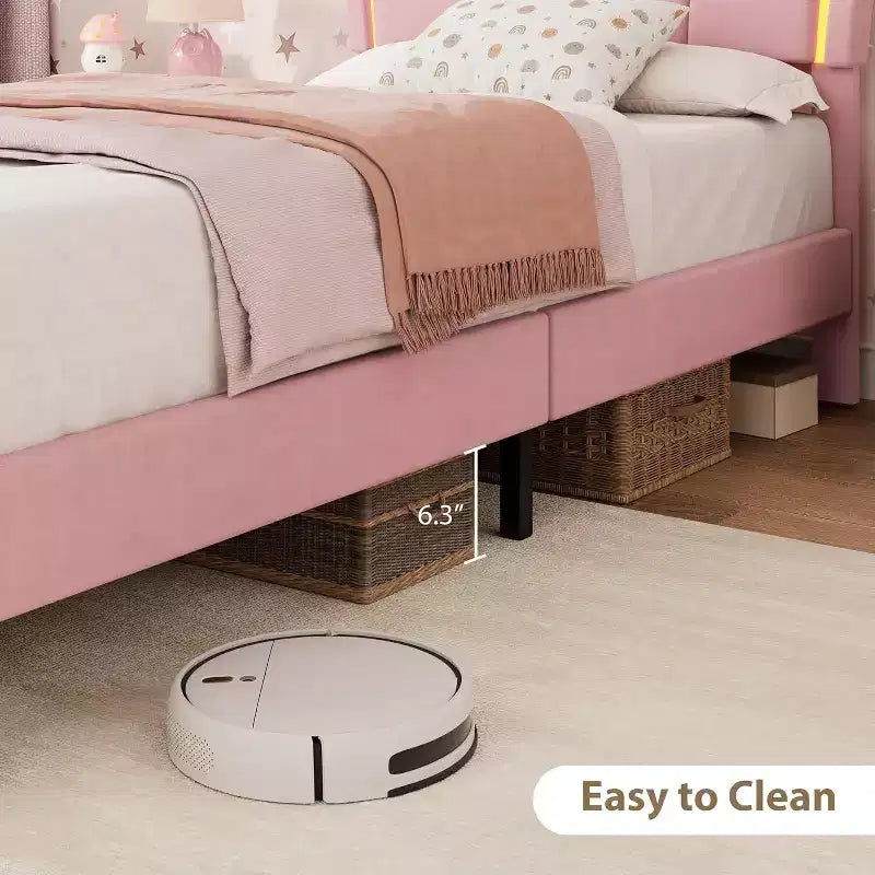 Cadre de lit LED capitonné avec tête de lit mignonne et rangement pour enfants, filles