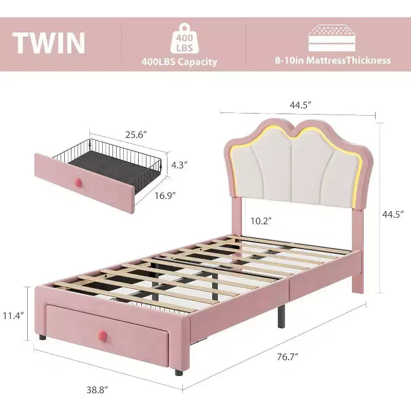 Cadre de lit LED capitonné avec tête de lit mignonne et rangement pour enfants, filles
