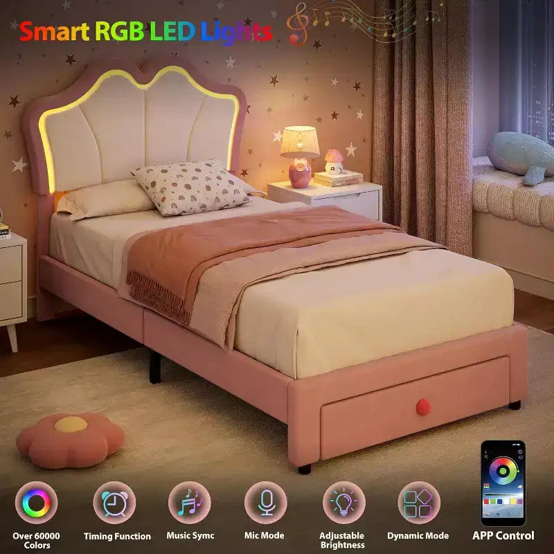 Cadre de lit LED capitonné avec tête de lit mignonne et rangement pour enfants, filles
