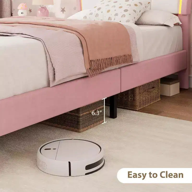 Cadre de lit LED capitonné avec tête de lit mignonne et rangement pour enfants, filles