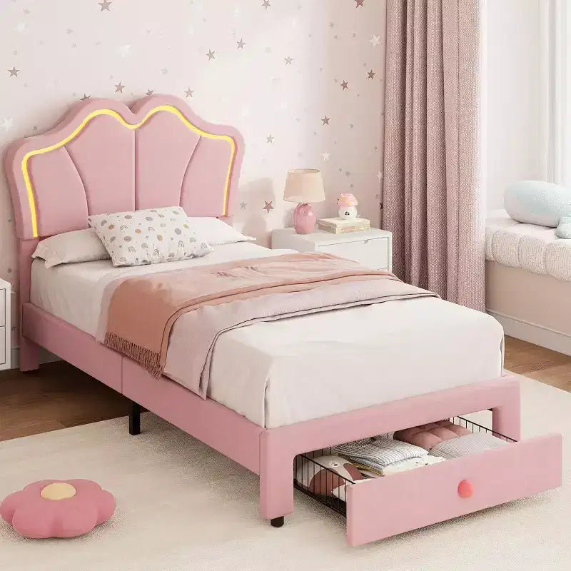 GuatoWave Upholstered LED Bed Frame with Cute Headboard and Storage for Kids, Girls