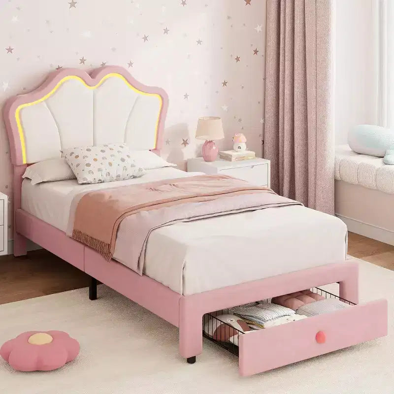 Cadre de lit LED capitonné avec tête de lit mignonne et rangement pour enfants, filles