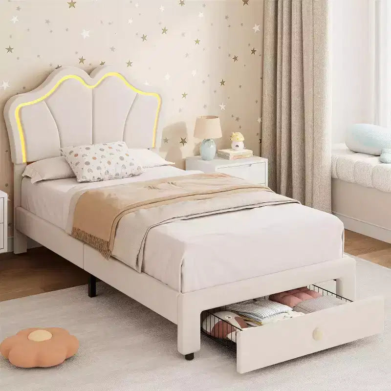 Cadre de lit LED capitonné avec tête de lit mignonne et rangement pour enfants, filles