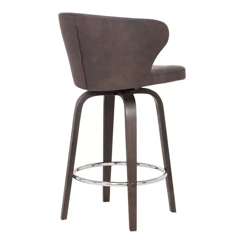 Tabouret de bar pivotant 26" Mynette en similicuir marron - capitonné, réglable, base chromée, dossier bas
