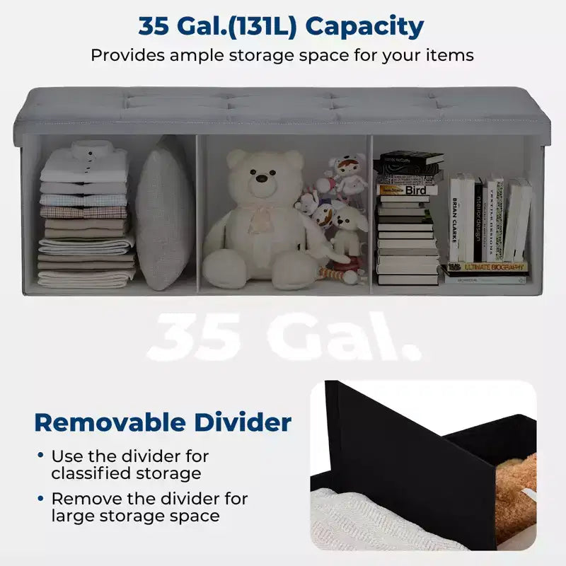 Banc de rangement pliant en velours de 109 cm, pouf coffre à jouets, supporte jusqu'à 300 kg, pour chambre et salon