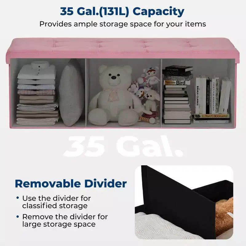 Banc de rangement pliant en velours de 109 cm, pouf coffre à jouets, supporte jusqu'à 300 kg, pour chambre et salon