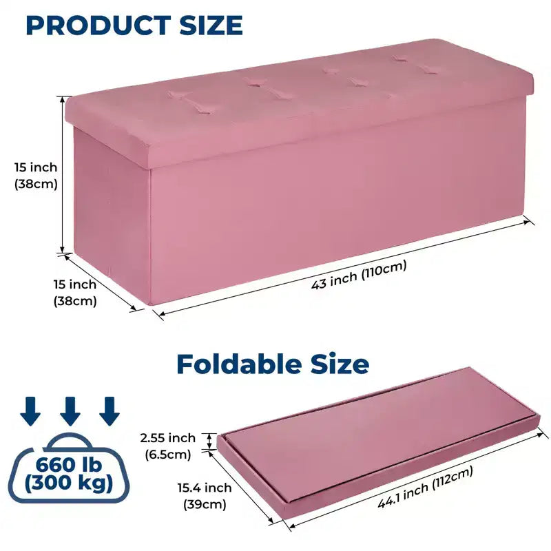 Banc de rangement pliant en velours de 109 cm, pouf coffre à jouets, supporte jusqu'à 300 kg, pour chambre et salon